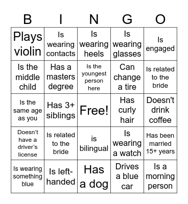 Bridal Shower BINGO Card