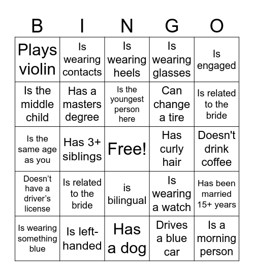 Bridal Shower BINGO Card