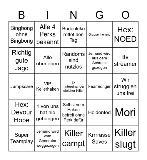 Dead by Daylight Bingo Card