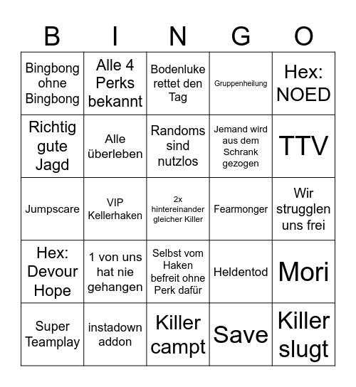 Dead by Daylight Bingo Card