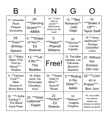 Bingo Musical Bingo Card