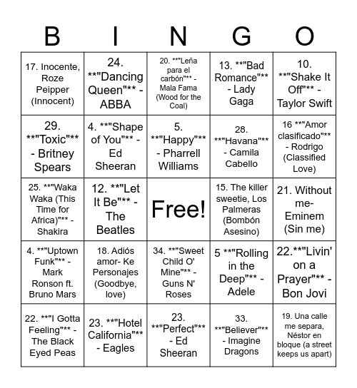 Bingo Musical Bingo Card