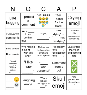 YT Shorts Comment Section Bingo Card