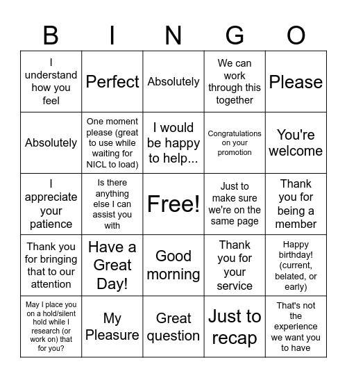 Finesse Bingo Card