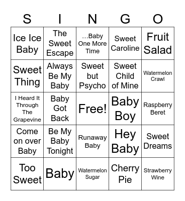 A Berry Sweet Baby Singo Bingo Card