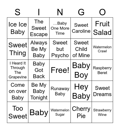 A Berry Sweet Baby Singo Bingo Card