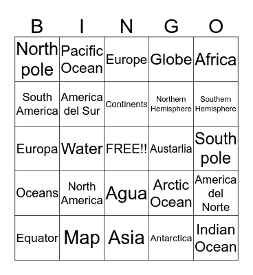 Continents and Oceans Bingo Card