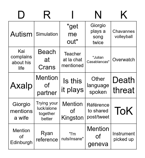 DRINKING Bingo Card