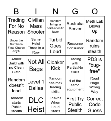 Payday 3 Public Lobby Bingo Card Bingo Card