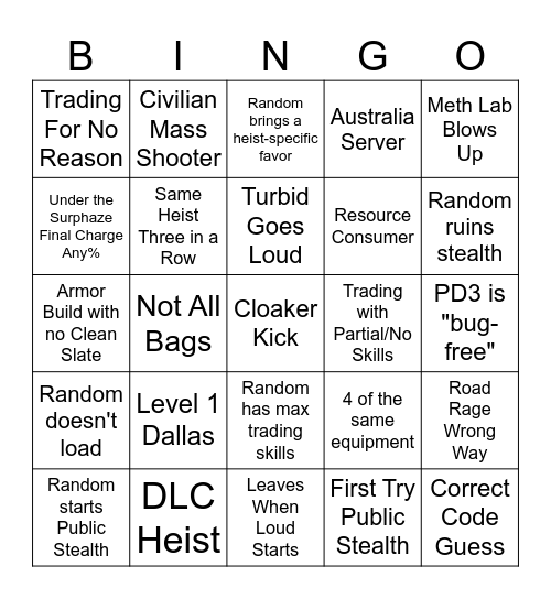 Payday 3 Public Lobby Bingo Card Bingo Card