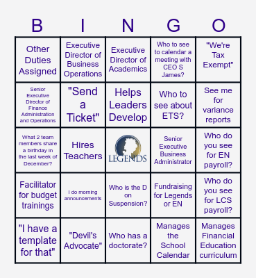 Legendary Bingo Card