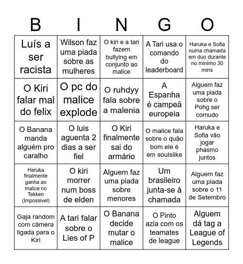 Bingo do PG #1 Bingo Card