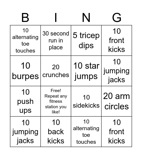 Fitness Bingo Card