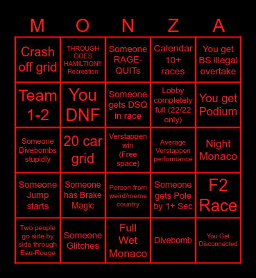 Codies F1 Open Lobby Bingo Card