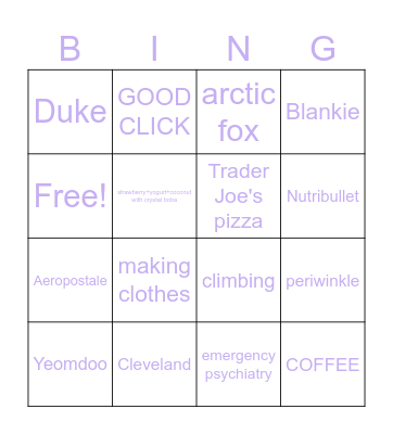 Erin, a valley girl off to Bull City Bingo Card