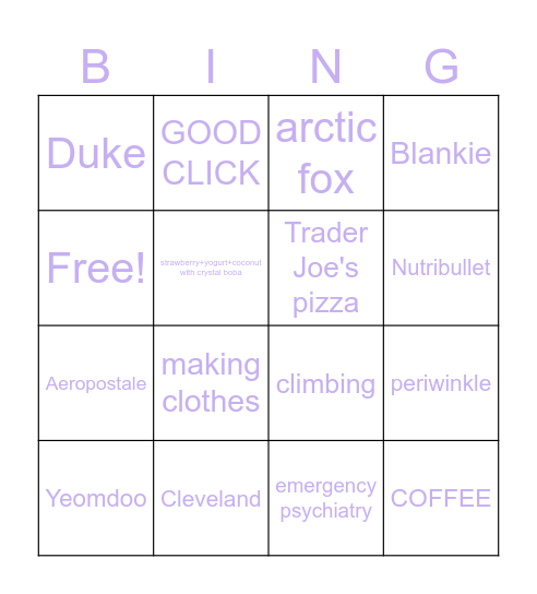 Erin, a valley girl off to Bull City Bingo Card