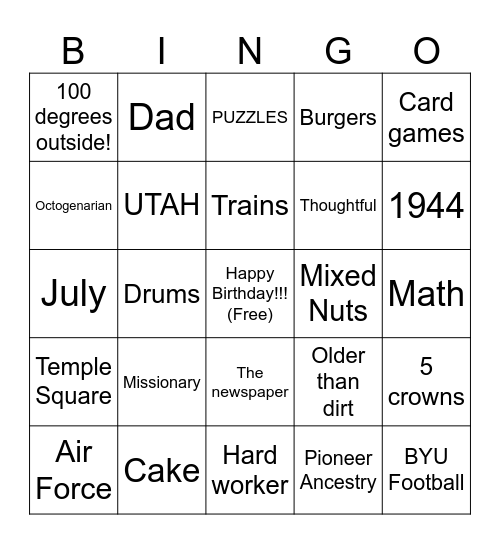 George's 80th Birthday!!! Bingo Card