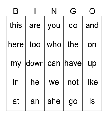 Sight Words Bingo Card