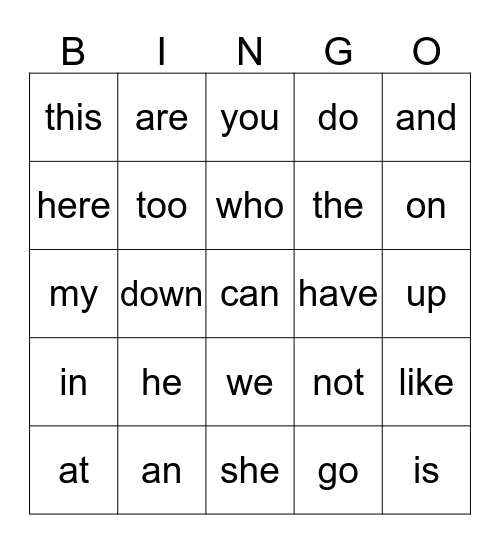 Sight Words Bingo Card