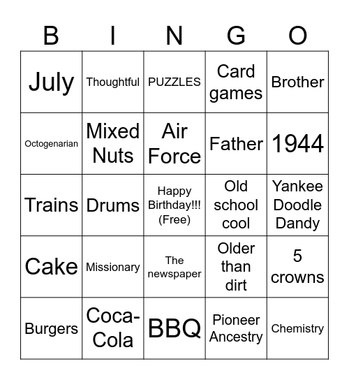 George's 80th Birthday!!! Bingo Card