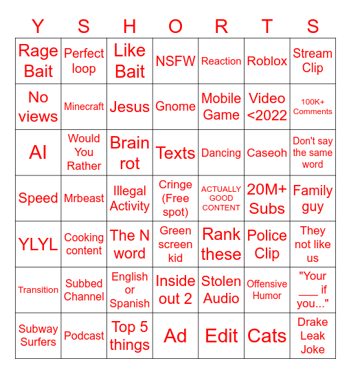 YT shorts bingo 7x7 Bingo Card