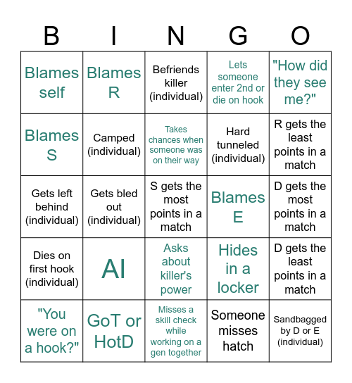 DBD Bingo Card