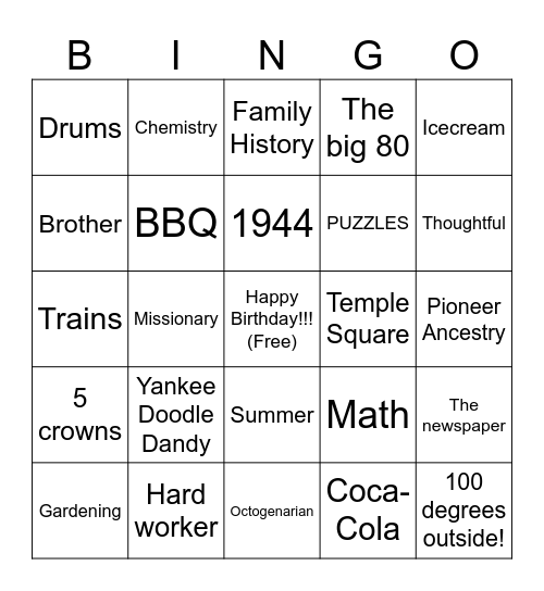 George's 80th Birthday!!! Bingo Card