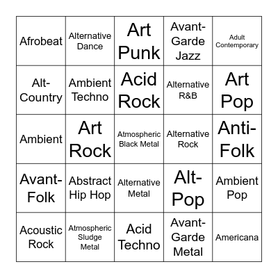 "A" Genres Bingo Card