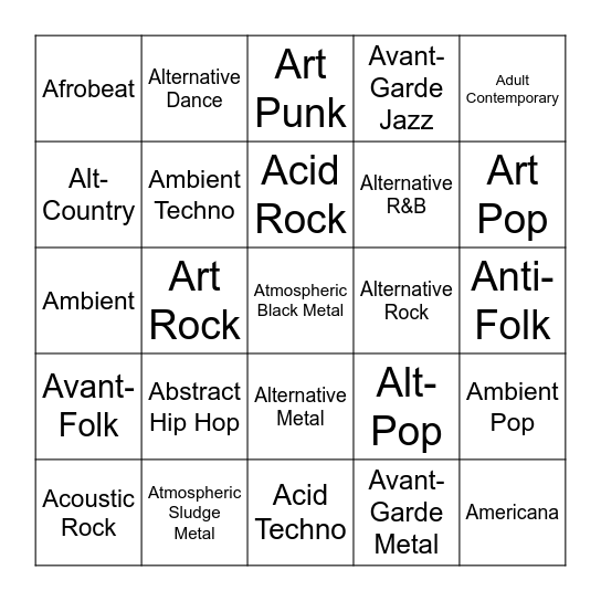 "A" Genres Bingo Card