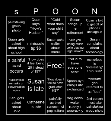 Calvert Family Bingo, Restaurant Edition Bingo Card