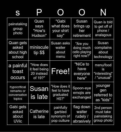 Calvert Family Bingo, Restaurant Edition Bingo Card