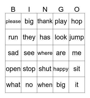 Sight Words Bingo Card