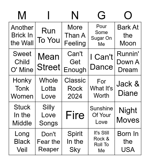 Classic Rock 2024 Bingo Card