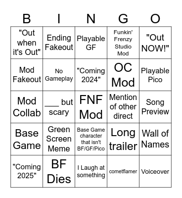 Funkin' Frenzy 7/13/24 Bingo Card