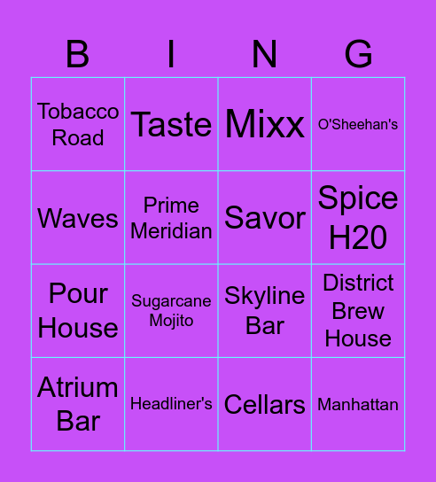 Norwegian Escape Bar Bingo Card