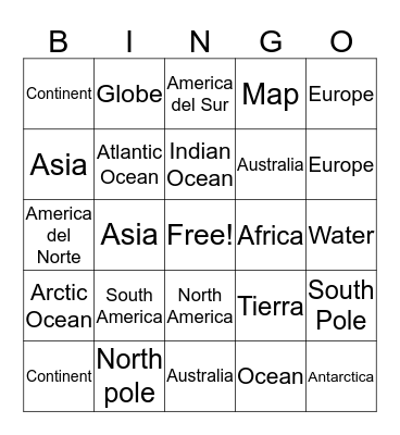 Continent and Ocean Bingo Card