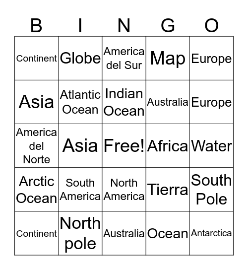 Continent and Ocean Bingo Card