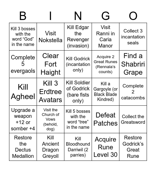 Elden Ring Bingo Card