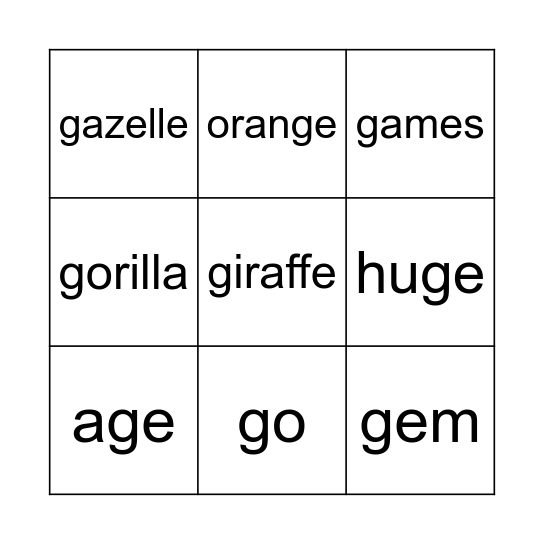 Hard and Soft G Bingo Card