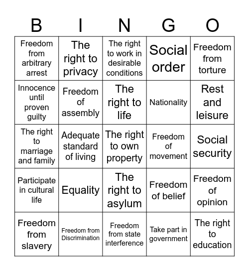 Universal Declaration of Human Rights Bingo Card