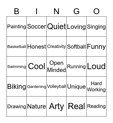 INTERESTS Bingo Card