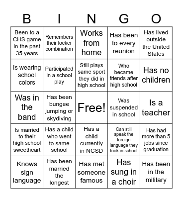 Clackamas H.S. Class '83 41st Reunion Bingo Card