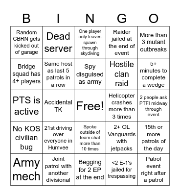 Army Patrol Bingo Card Bingo Card