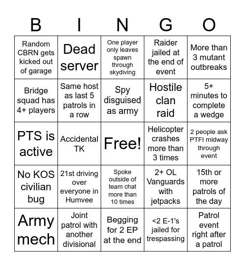 Army Patrol Bingo Card Bingo Card