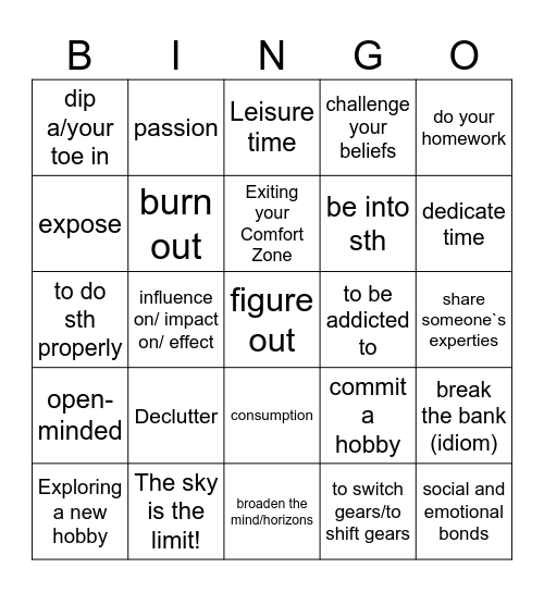 hobbies Bingo Card