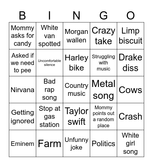 Car ride bingo Card