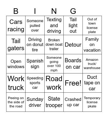 Road trip Bingo Card