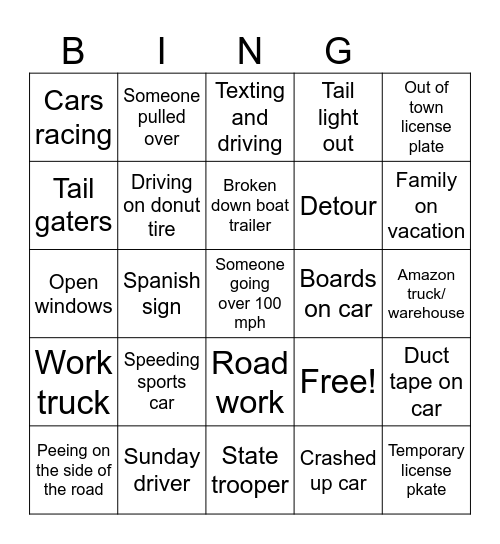 Road trip Bingo Card