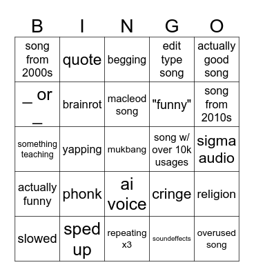 yt shorts audio bingo Card