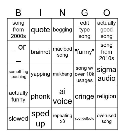 yt shorts audio bingo Card